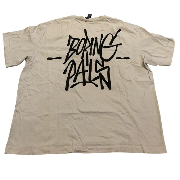 H&M Relaxed Fit "BORING PALS" Graffiti Graphic T-Shirt Cream/Off-White Men's XL - Picture 1 of 6